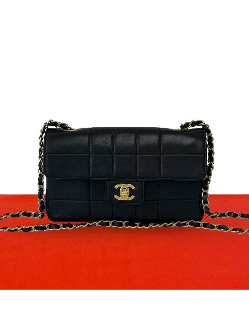 Chanel Choco Bar CC Logo Leather Chain Shoulder Bag Pochette Black